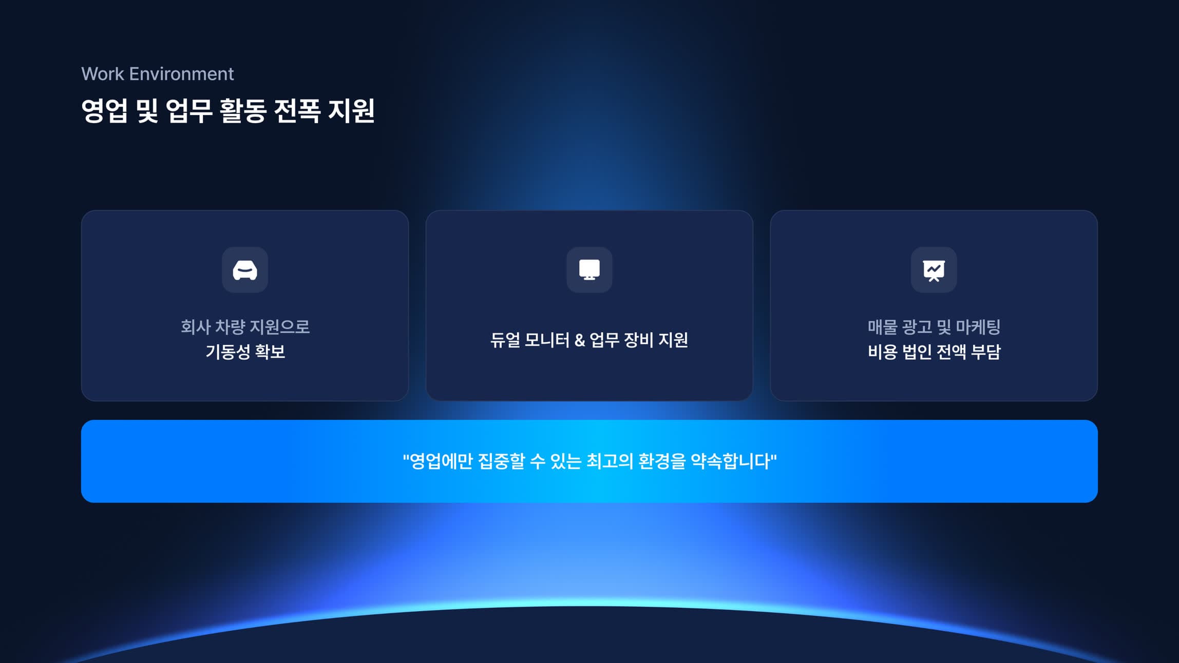 영업 및 업무 활동 전폭 지원. 회사 차량, 듀얼 모니터와 업무 장비, 광고 마케팅 비용 지원