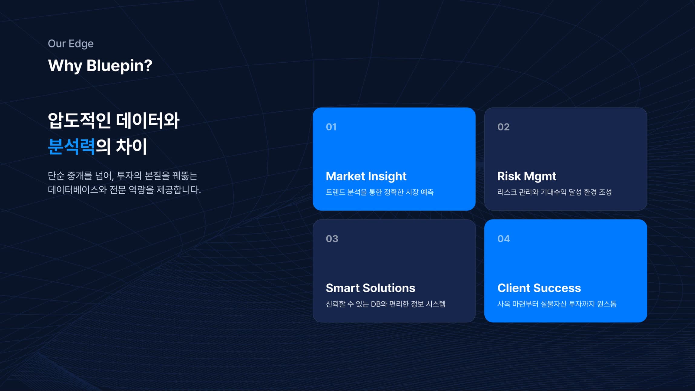 블루핀부동산중개의 강점. 시장 분석, 리스크 관리, 데이터 시스템, 고객 성공 네 가지 강점